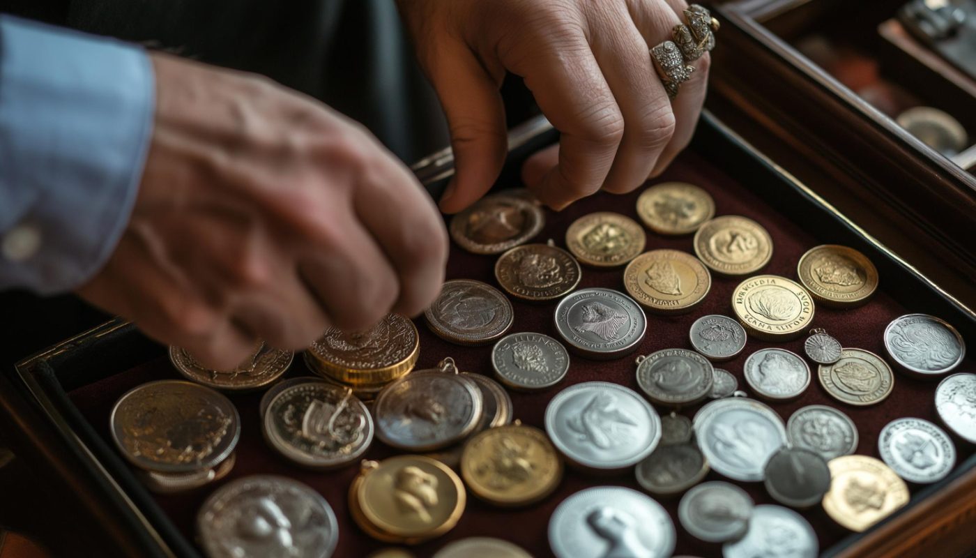 Hands arranging coins and medals in a display case