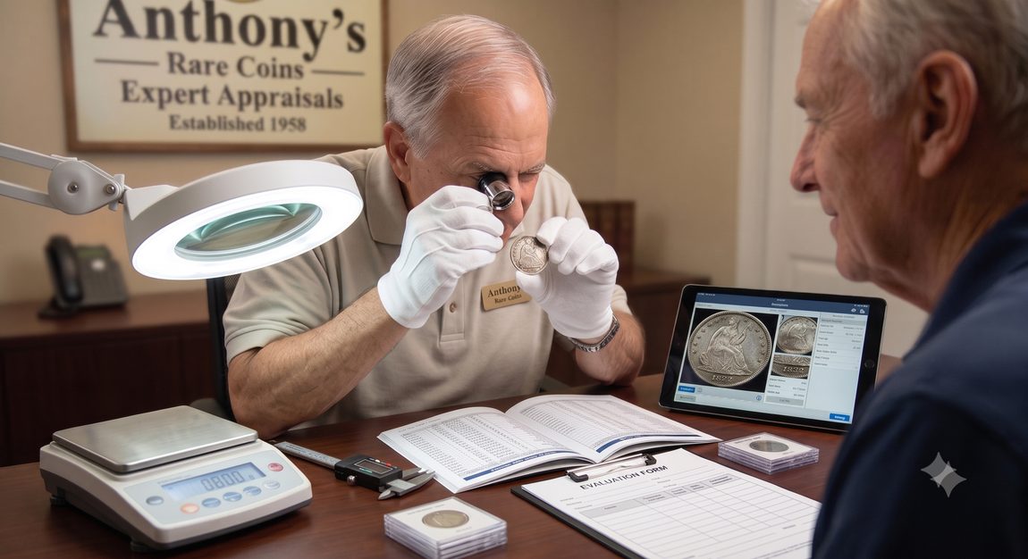 An Anthony's numismatist examining a silver quarter with a loupe during an in-person evaluation