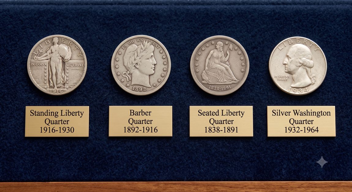 Standing Liberty, Barber, Seated Liberty, and silver Washington quarters