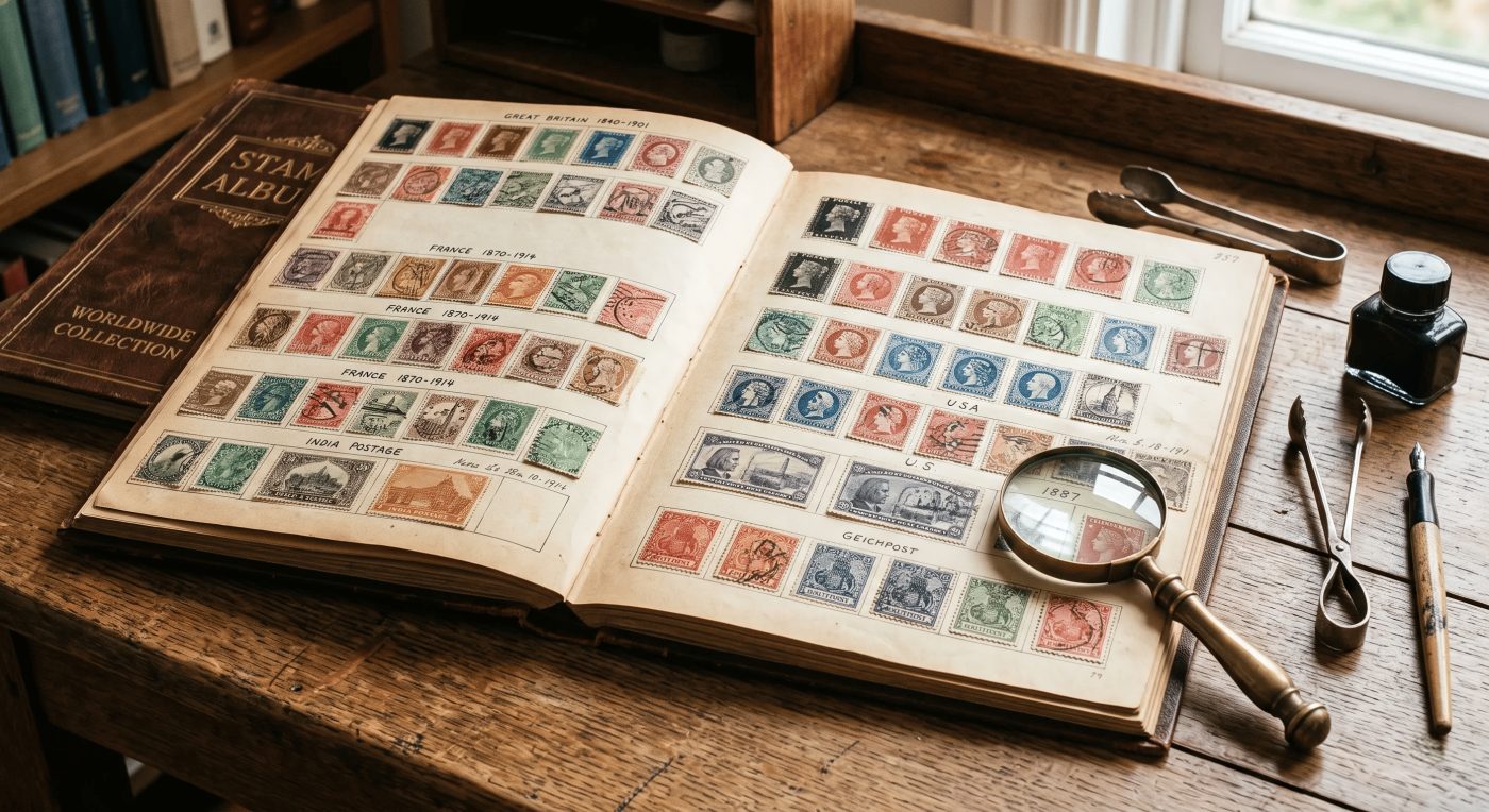 An open worldwide stamp album being reviewed with a magnifying glass