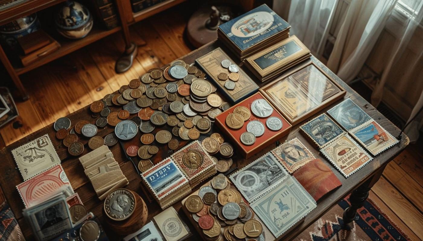 A table spread with coins, stamp albums, and currency