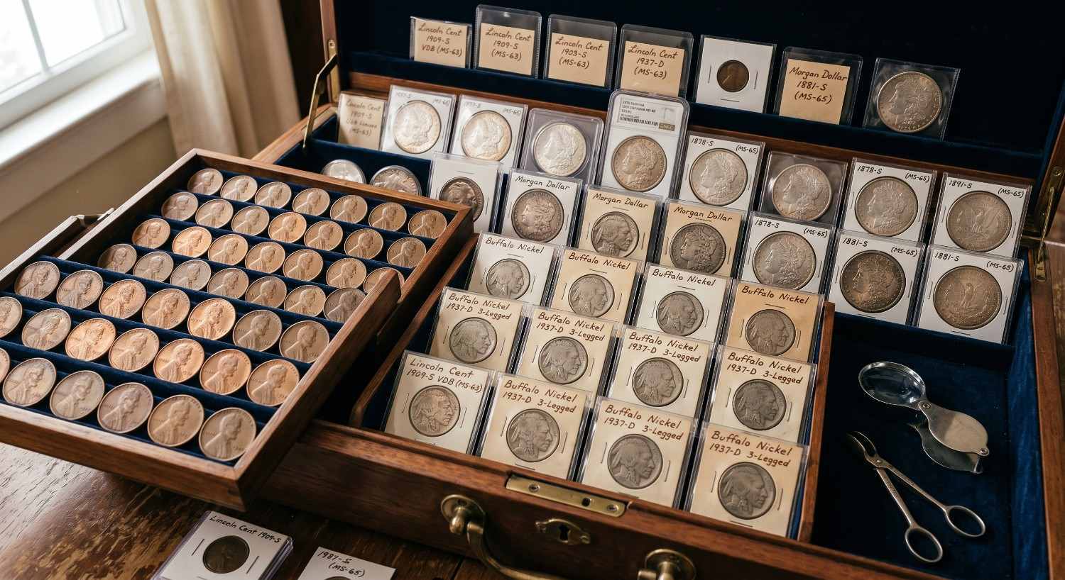 Old dealer envelopes and handwritten notes alongside a coin collection