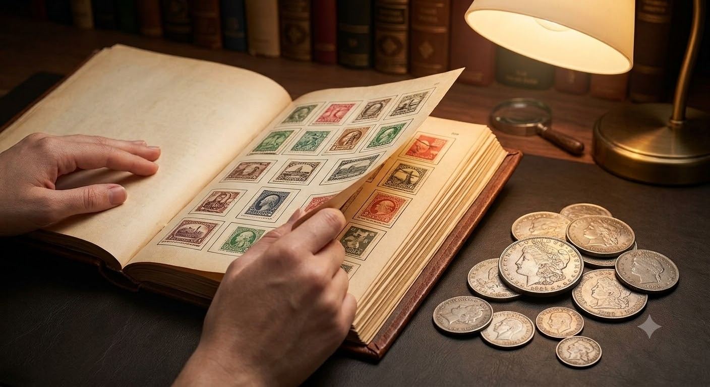 Certified coins displayed alongside older albums and boxes