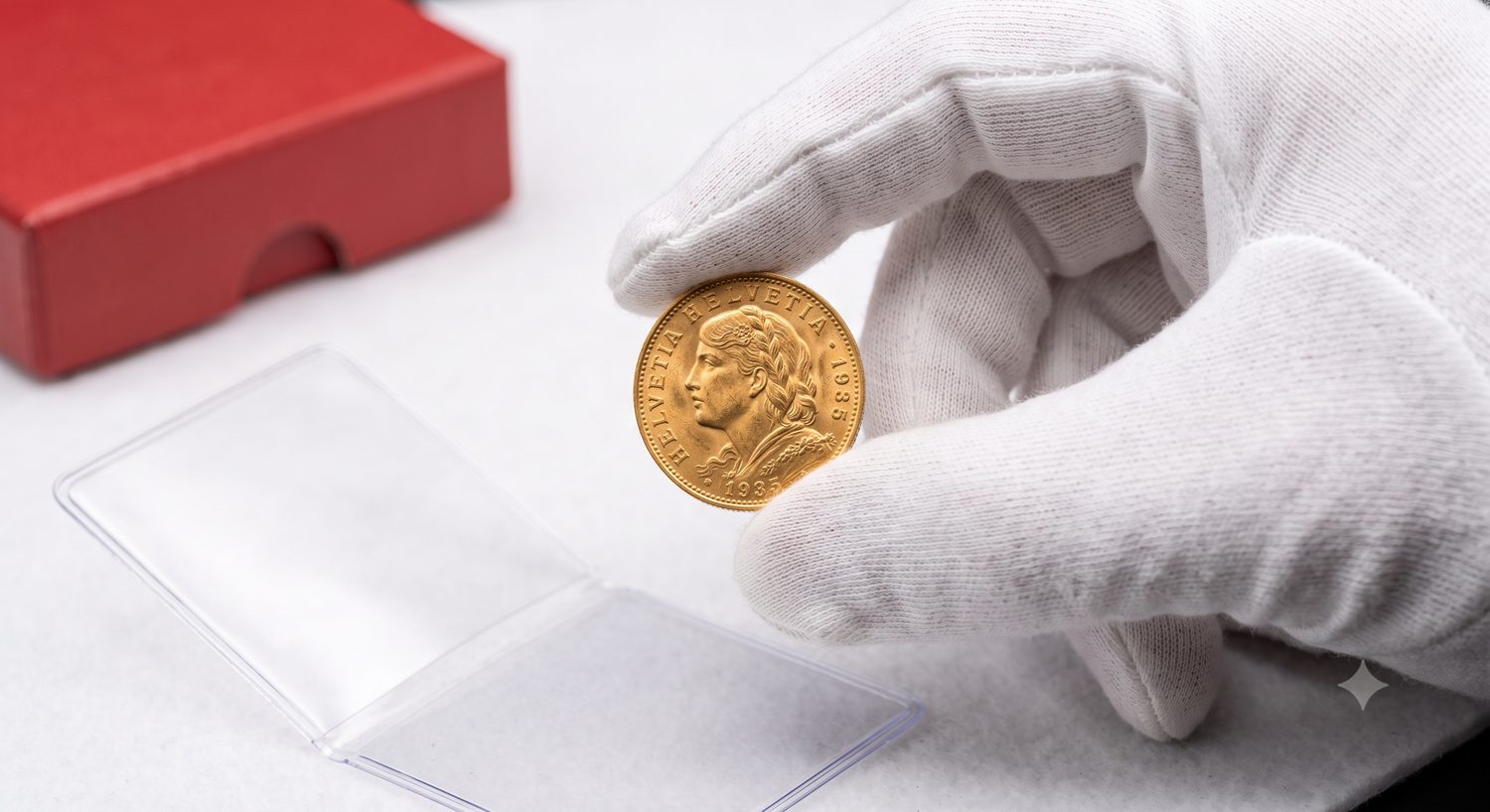 Gloved hands carefully holding a gold Swiss coin during evaluation